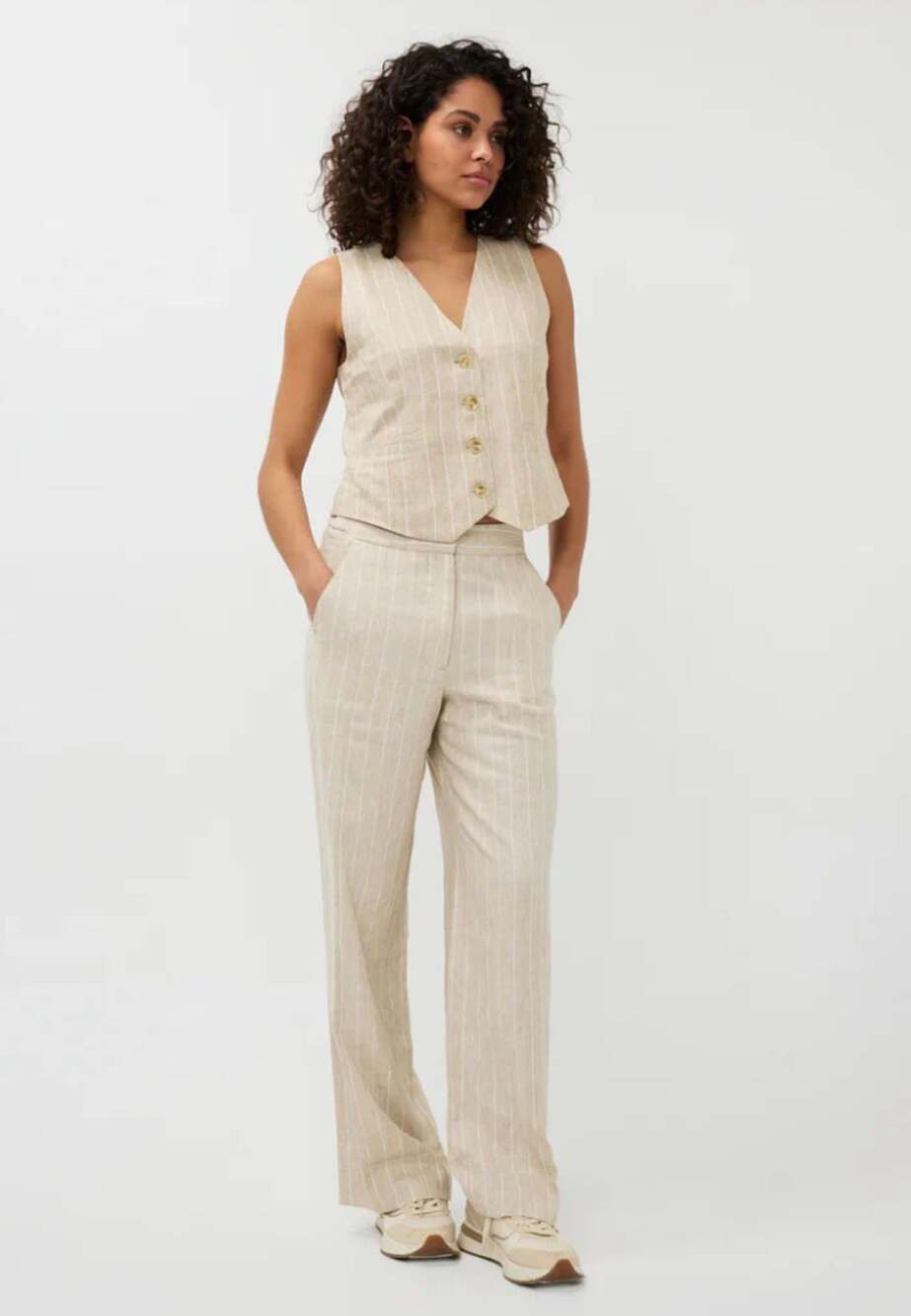EsQualo Linen Blend Sand Pinstripe Vest and Wide Leg Trouser Pant Set